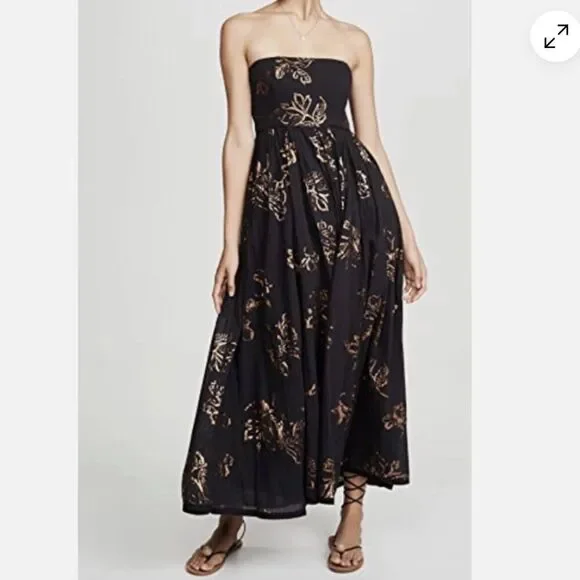 Free People Baja Babe Black Bronze Foil Halter Midi Dress Sz M - Picture 1 of 14